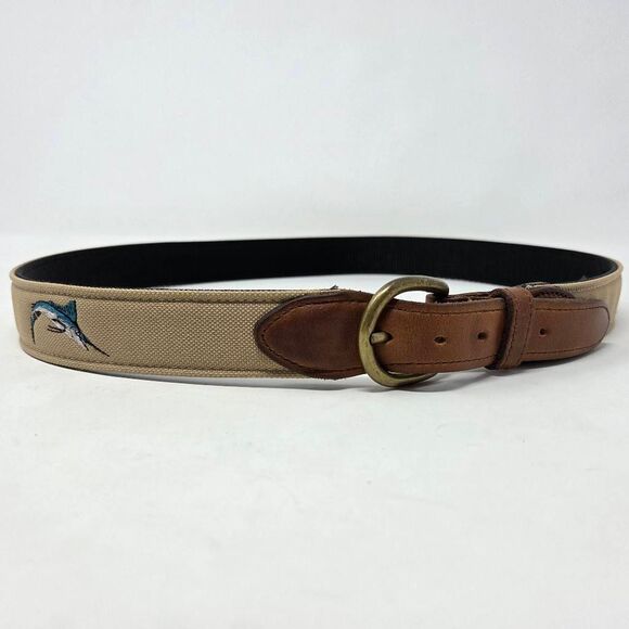 BATES WEB LEATHER BELT BROWN KHAKI HEAVY DUTY BRASS MARLIN FISHING MENS SIZE 36 - Picture 1 of 6